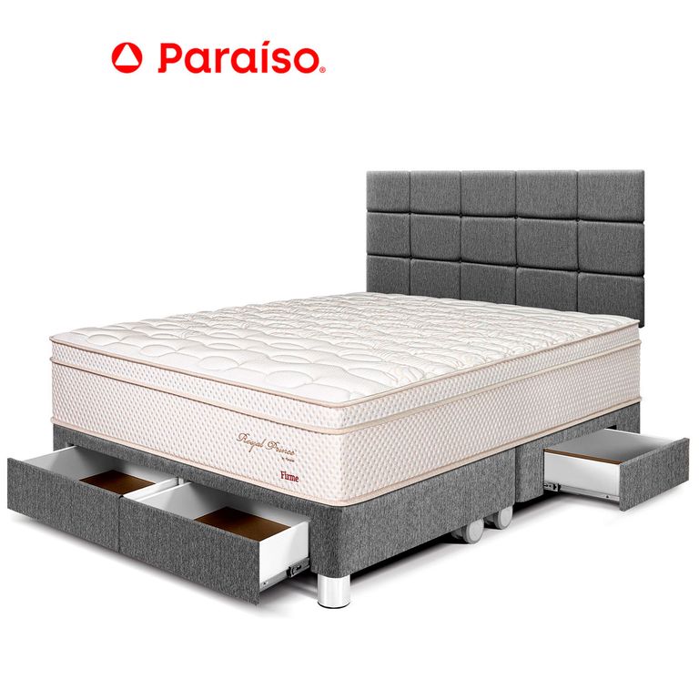 Dormitorio con Cajones Royal Prince Firme Blocks Queen Gris + 2 Almohadas Viscoelásticas