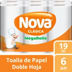 NOVA - Papel Toalla Mega Rollo Doble Hoja Clásica 19m Empaque 6 Rollos