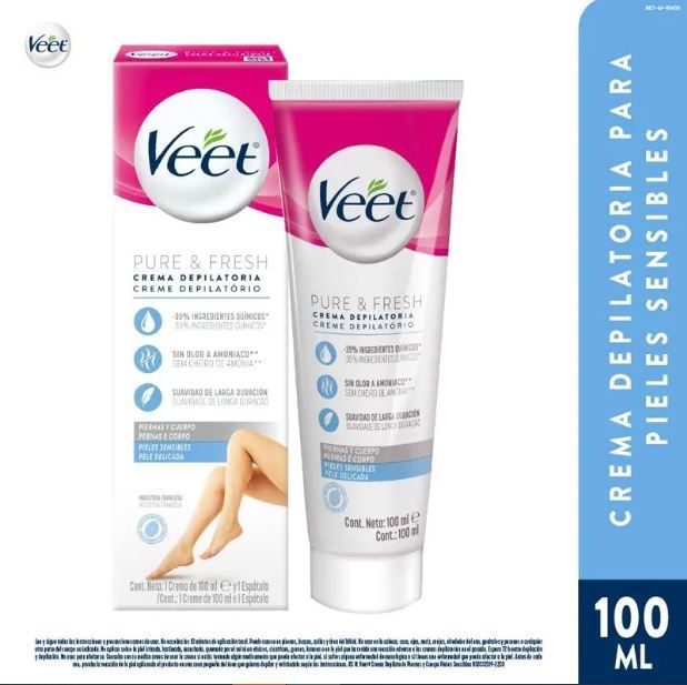 Crema Depilatoria Veet Pure Fresh Piel Normal Piernas y Cuerpo Envase 100 mL