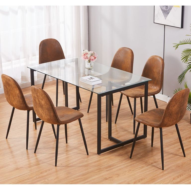 Juego de Comedor Vidrio + 6 Sillas Suede