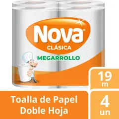 NOVA - Papel Toalla Mega Rollo Doble Hoja Clásica 19m Empaque 4 Rollos