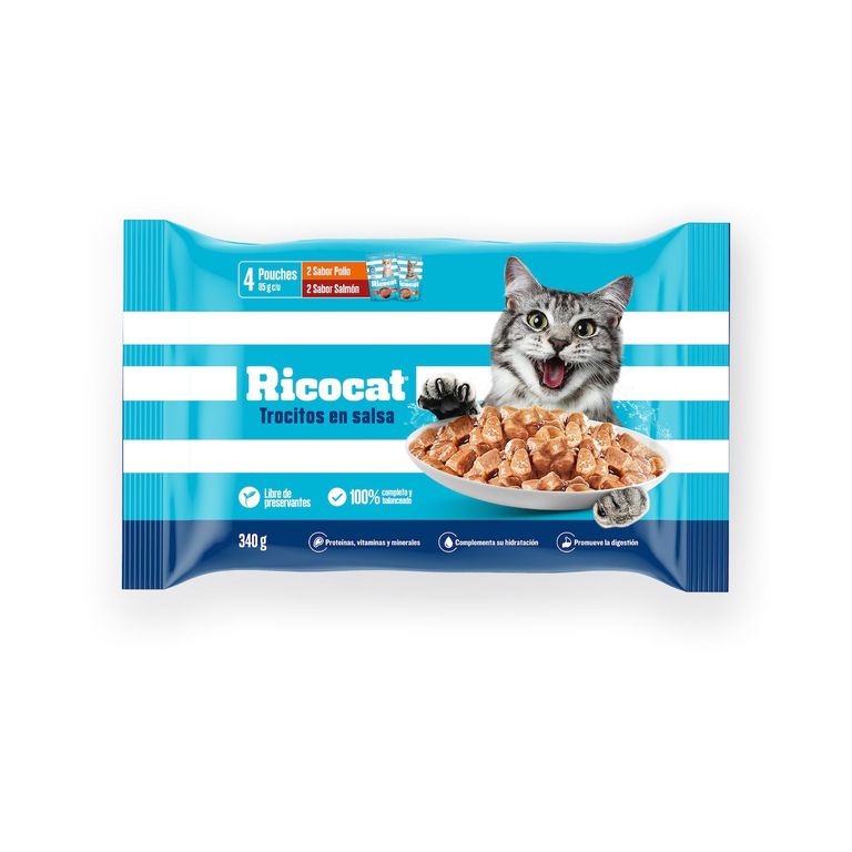 Alimento Húmedo Gatos Adultos Ricocat Pollo y Salmon Empaque 4 Und