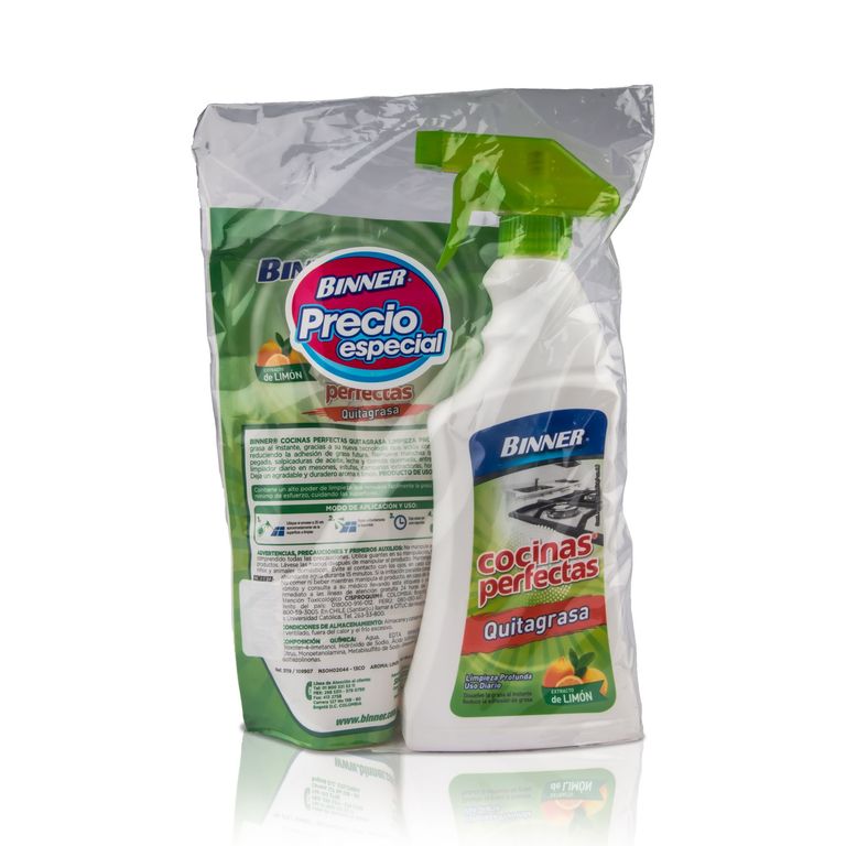 Pack Binner Quitagrasa de Cocina Limón 500 mL + Repuesto Doypack 500 mL