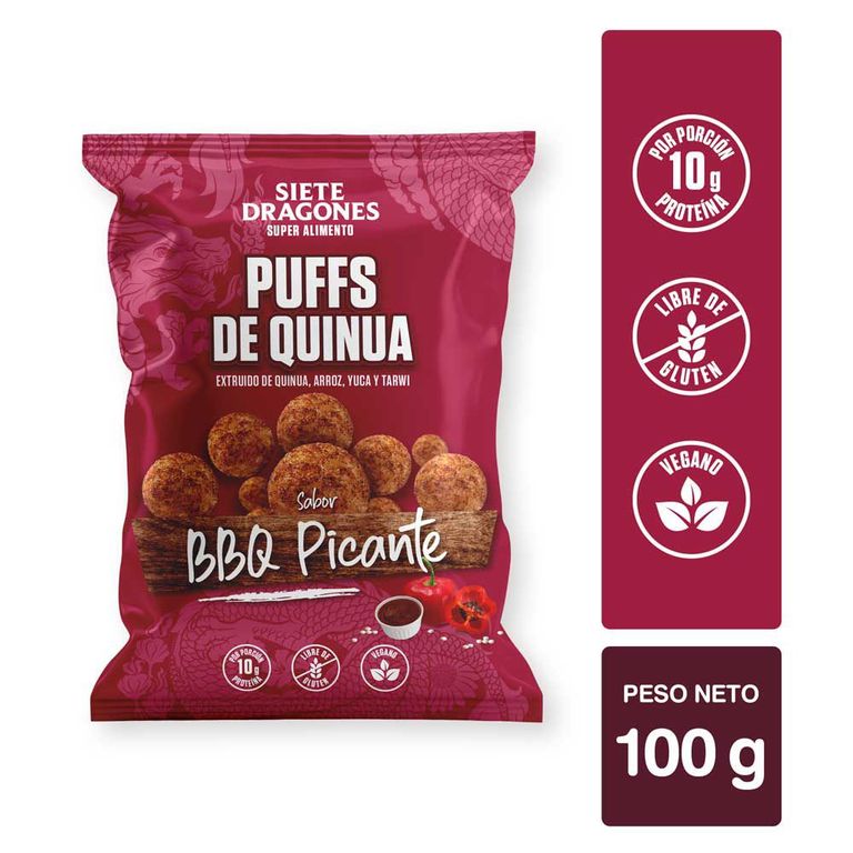Siete Dragones Puff de Quinua Sabor BBQ Picante Bolsa 100 g