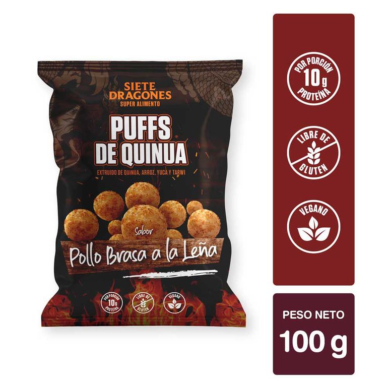 Siete Dragones Puff de Quinua Sabor Pollo Brasa a la Leña Bolsa 100 g