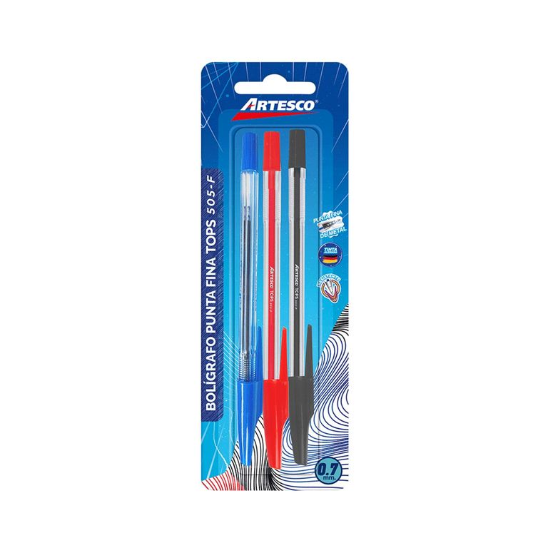 Lapicero Artesco Punta Fina Tops 505 F Empaque 3 Und