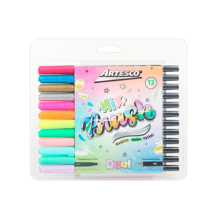 Plumones Artesco Dual Brush Colores Metálico Neón Pastel Empaque 12 Und