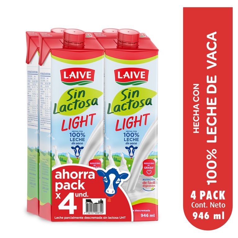 Leche Laive Light Sin Lactosa Pack 4 Cajas 946 mL