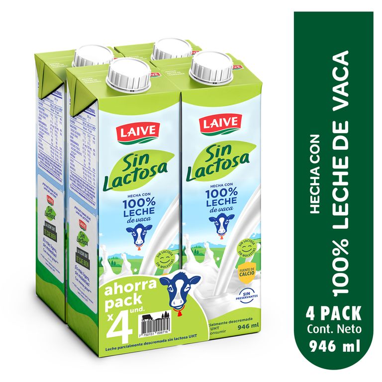 Leche Laive Sin Lactosa Pack 4 Cajas 946 mL