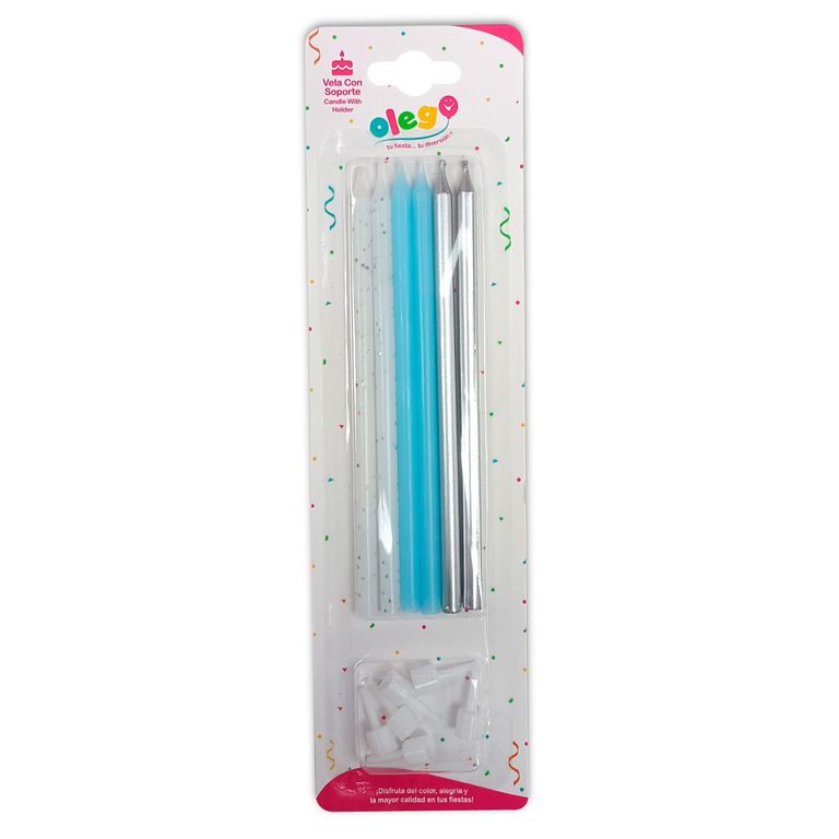 VELA CON SOPORTE X 06 UN CELESTE