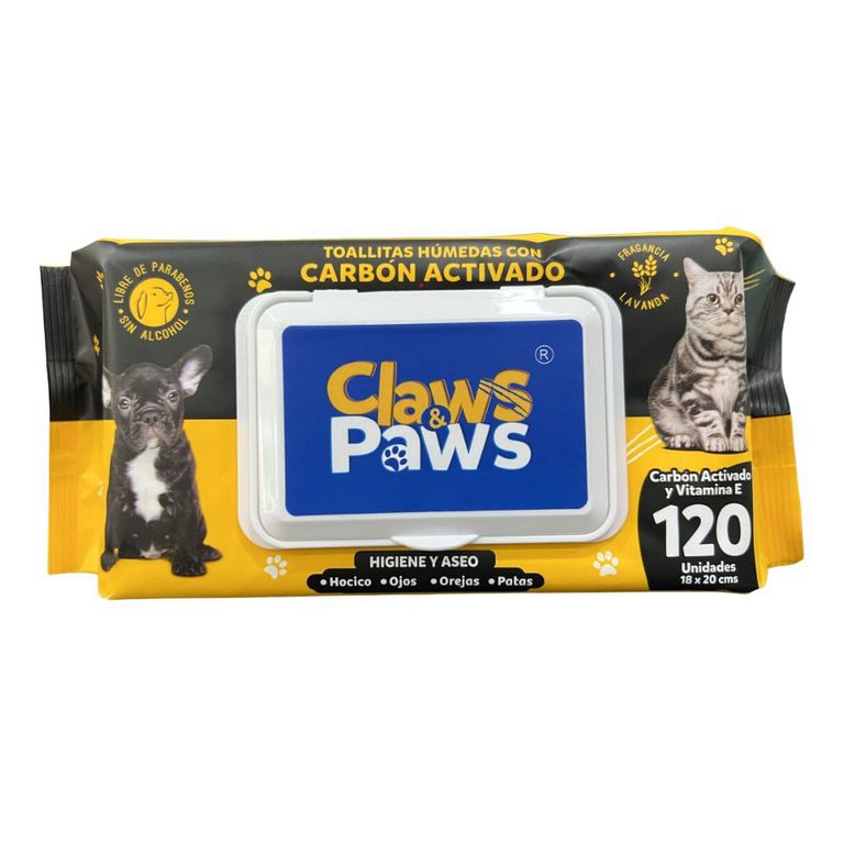 Toallitas Húmedas Claws Paws con Carbón Activado Empaque 120 g