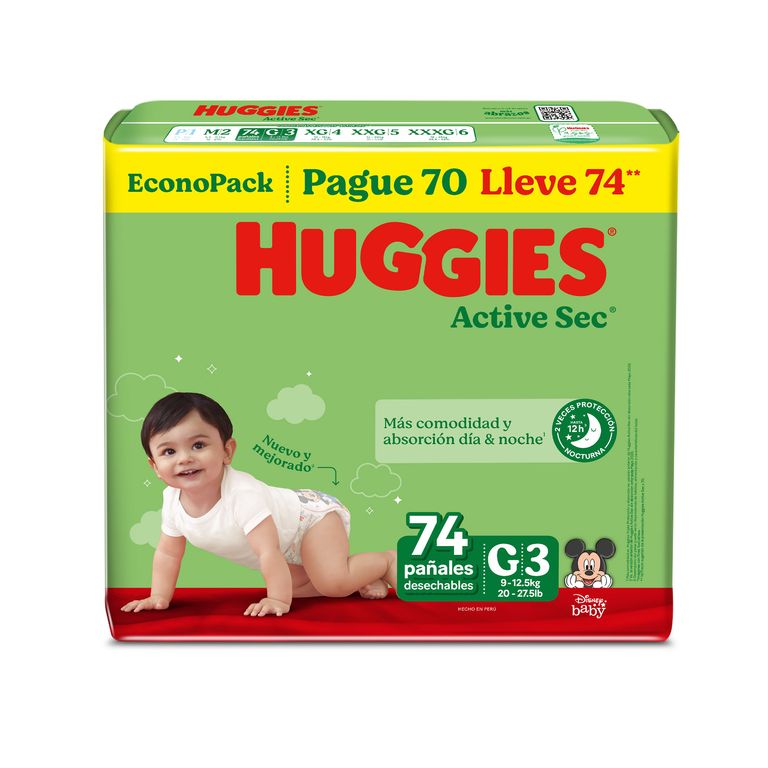 Pañales Huggies Active Sec Talla G Empaque 74 Und