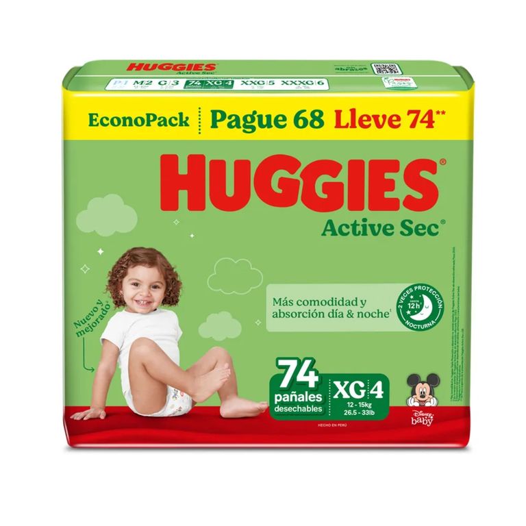 Pañales Huggies Active Sec Talla XG Empaque 74 Und