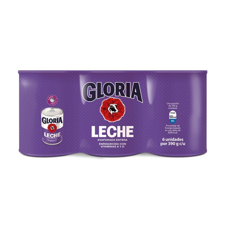Leche Gloria Evaporada Entera Sixpack Lata 390 g