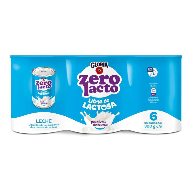 Leche Gloria Zero Lacto Sixpack Lata 390 g