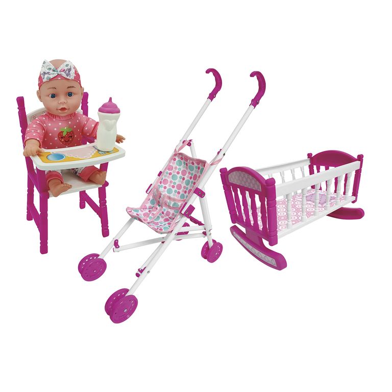 Muñeca con Coche Silla y Cuna 28 cm