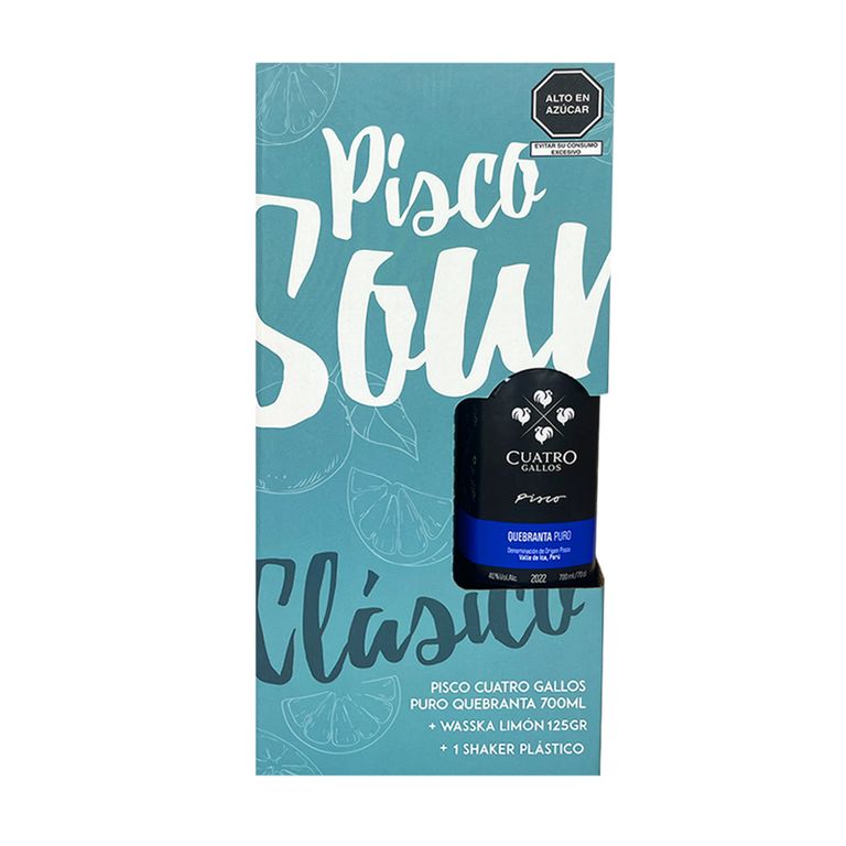 Pisco Cuatro Gallos Quebranta 700 mL + Waskka Limón + Shaker