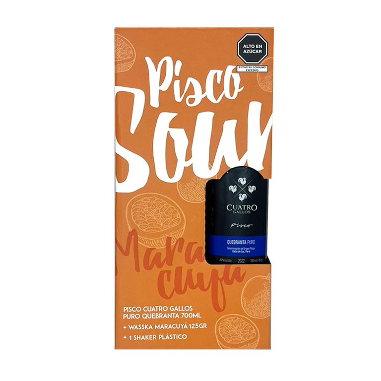 Pisco Cuatro Gallos Quebranta 700 mL + Waskka Maracuyá + Shaker