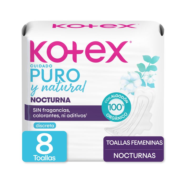 Toallas Higiénicas Kotex Puro Natural Nocturna Empaque 8 Und