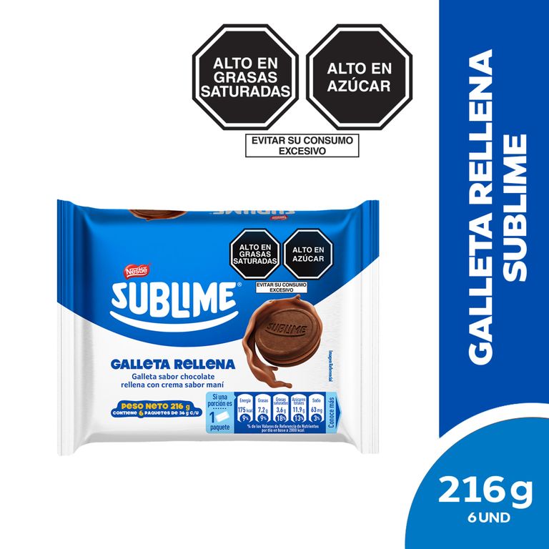 Galleta Sublime Chocolate Crema de Maní Sixpack 216 g