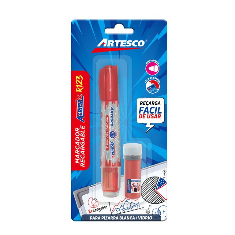 Plumón Para Pizarra Artesco Recargable Rojo Acrimax R123 + Cartucho Repuesto