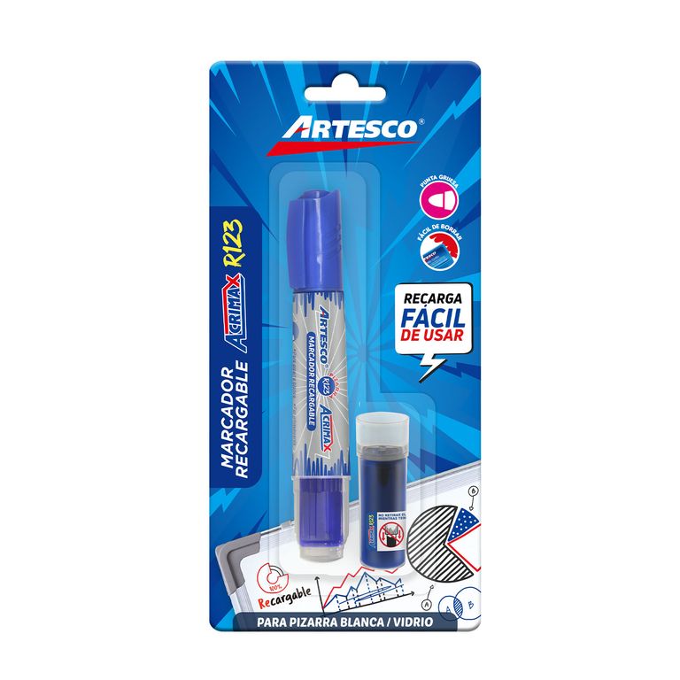 Plumón Para Pizarra Artesco Recargable Azul Acrimax R123 + Cartucho Repuesto