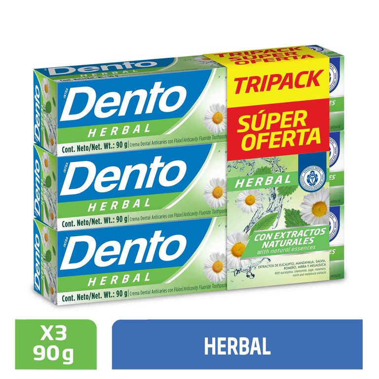 Pasta Dental Dento Herbal Tripack Caja 90 g