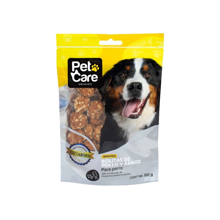 Snack Perros Pet Care Bolitas Pollo y Arroz Doypack 80 g