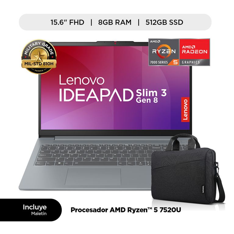 Laptop Lenovo Ideapad Slim 3 8GB 512GB SSD 15.6" FHD + Maletin Lenovo Casual