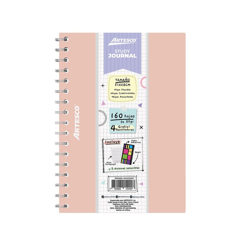 Study Journal Artesco Rosado + 4 Resaltadores Neón