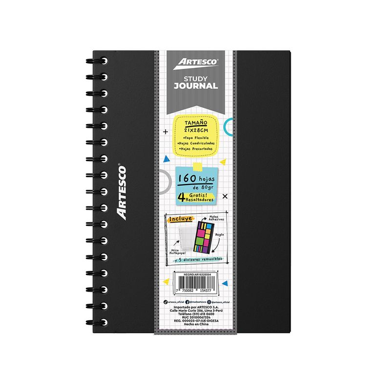 Study Journal Artesco Negro + 4 Resaltadores Neón