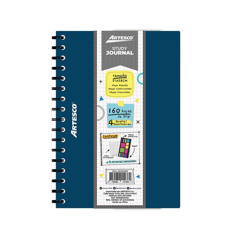 Study Journal Artesco Azul + 4 Resaltadores Neón