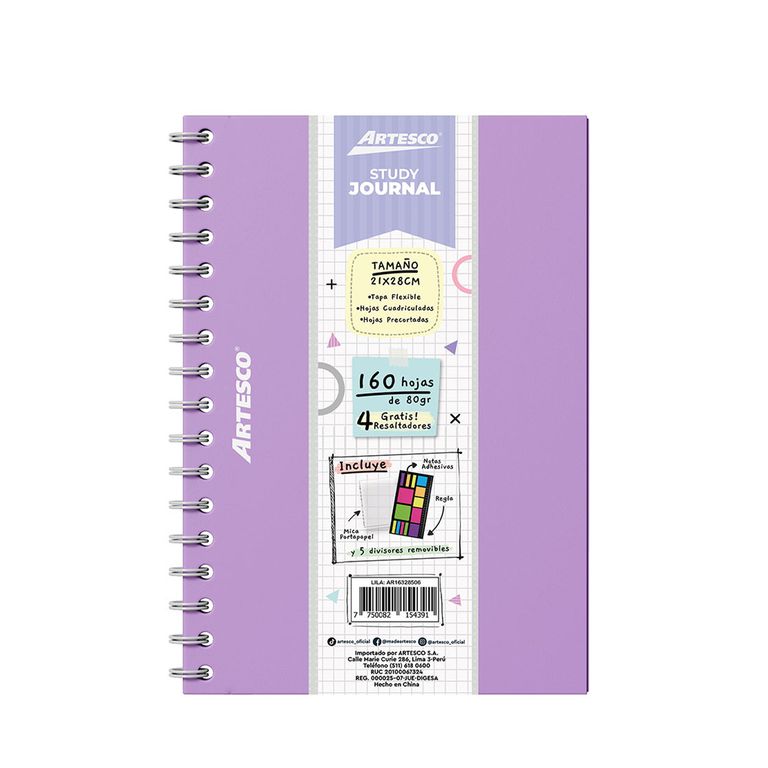 Study Journal Artesco Lila + 4 Resaltadores Neón
