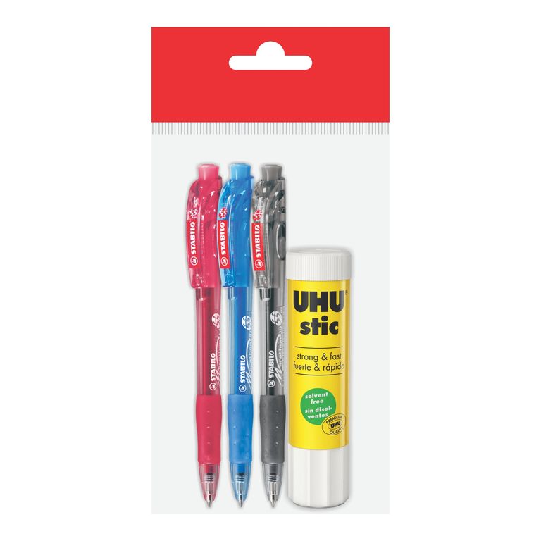 Pack Stabilo 3 Lapiceros Azul Rojo Negro + Goma Barra UHU 21 g