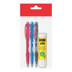 STABILO - Pack Stabilo 3 Lapiceros Azul Rojo Negro + Goma Barra UHU 21 g