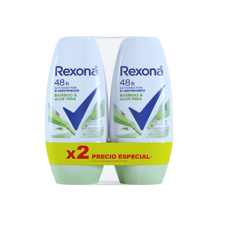 Antitranspirante Roll On Rexona Bambú Aloe Empaque 2 Und