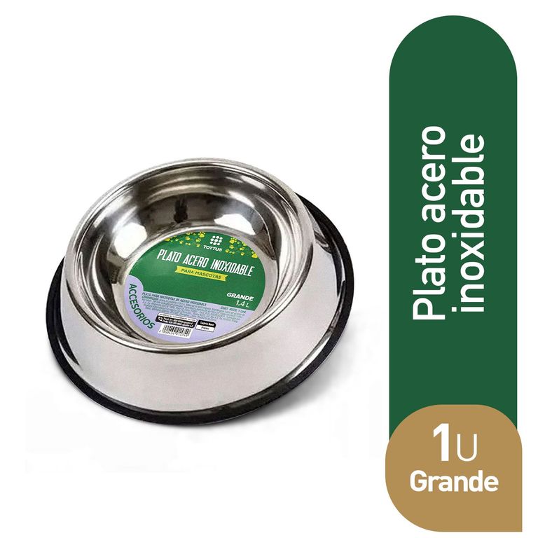 Plato de Acero Inoxidable Mascotas Tottus Grande