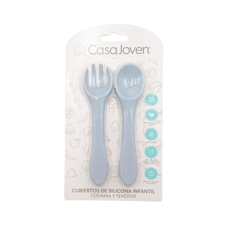 Set Cubiertos Bebé Silicona Celeste