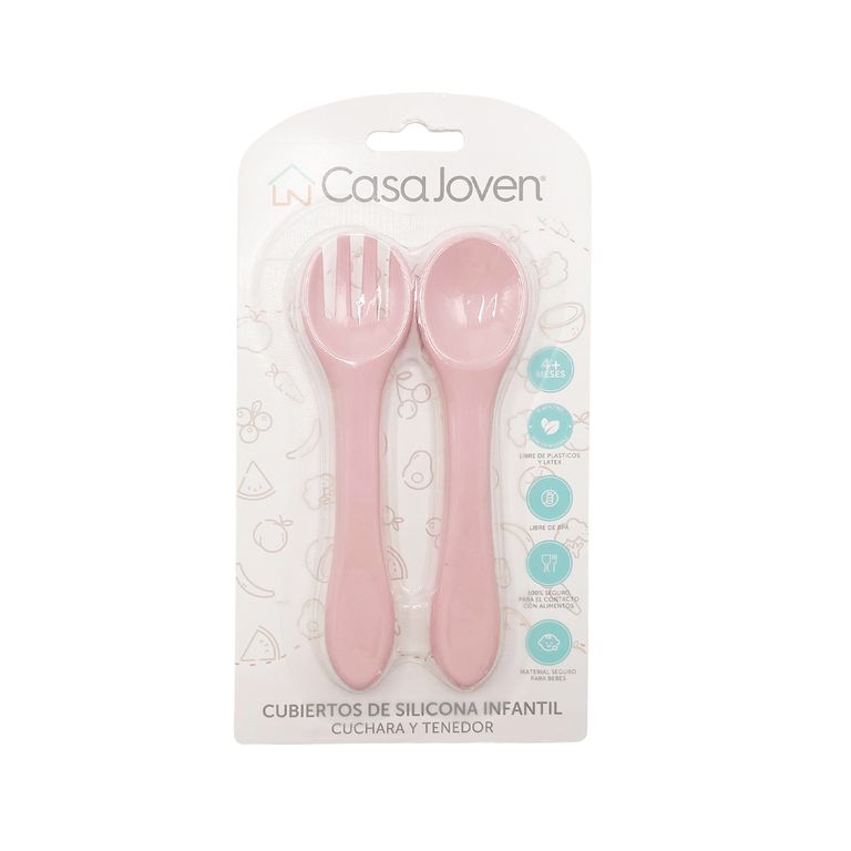 Set Cubiertos Bebé Silicona Rosa
