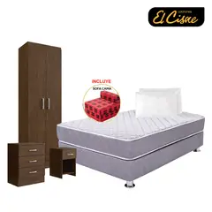 EL CISNE - Cama Raymi Black 2 Plz + 02 Almohadas Tags: + Colchón + Box Tarima + Cómoda + Multiusos + 1 Velador