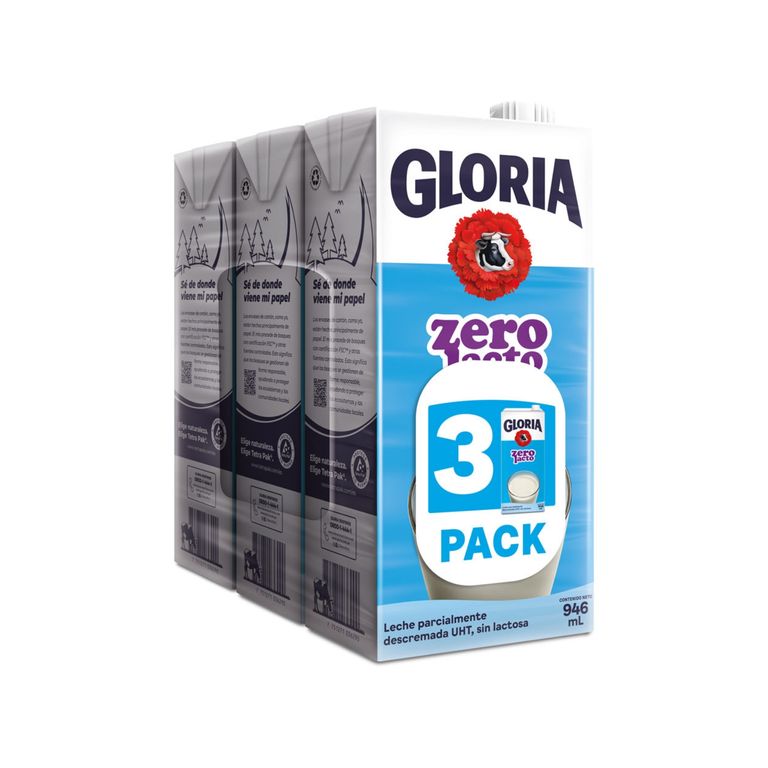Leche UHT Sin Lactosa Gloria Zero Lacto Pack 3 Cajas 946 mL