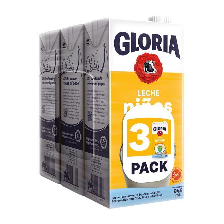 Leche UHT Gloria Niños con DHA Pack 3 Cajas 946 mL