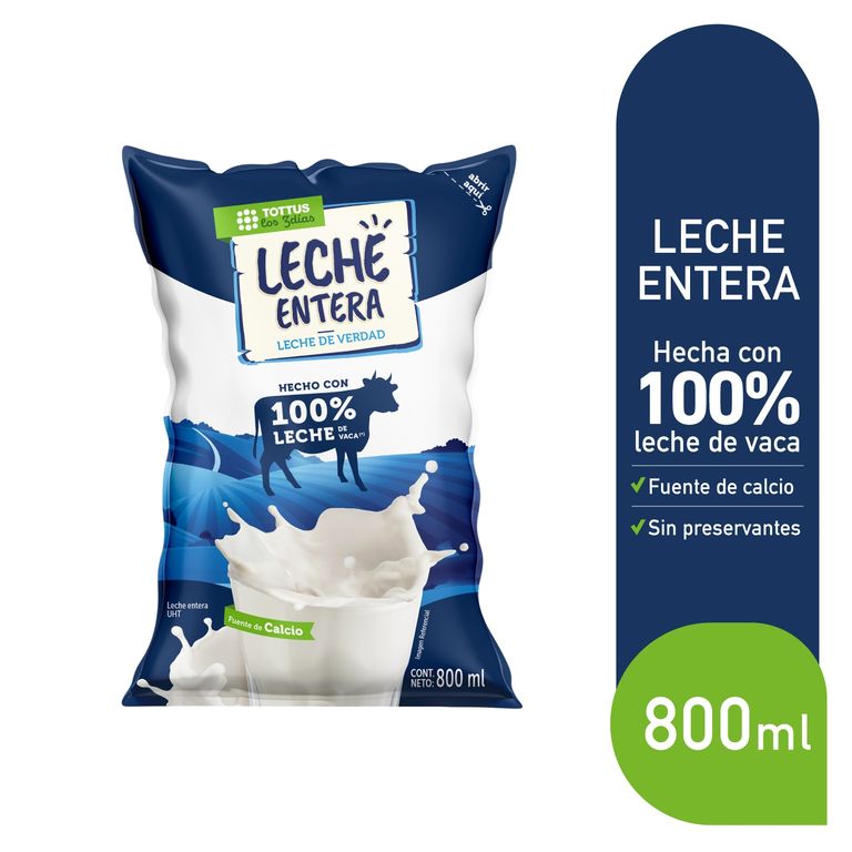 Leche UHT Tottus Entera Bolsa 800 mL