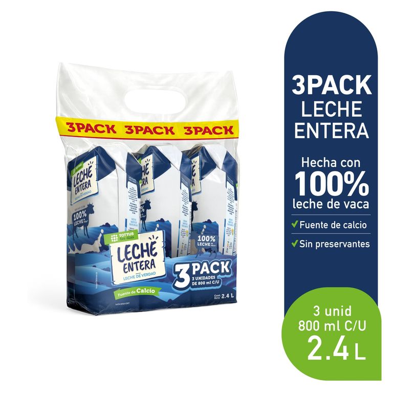 Leche UHT Tottus Entera Tripack Bolsa 800 mL