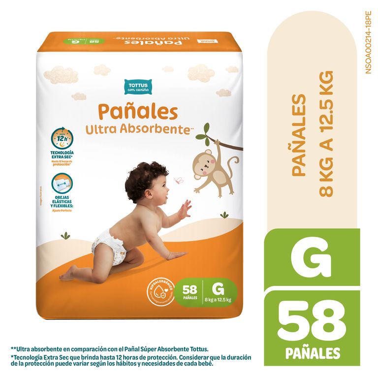 Pañal Tottus Absorbente Talla G Empaque 58 Und