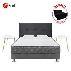FORLI - Combo Dormitorio Acqua 2 Plazas Colchon + Box Tarima + Cabecera + 2 Mesas Laterales + Sofa Cama + 02 Almohadas