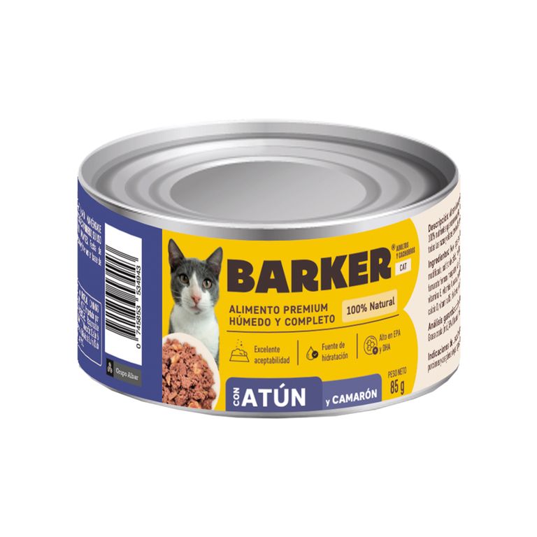 Alimento Húmedo Gato Barker Atún y Camarón Lata 85 g