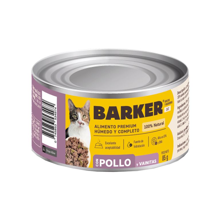 Alimento Húmedo Gato Barker Pollo y Vainitas Lata 85 g