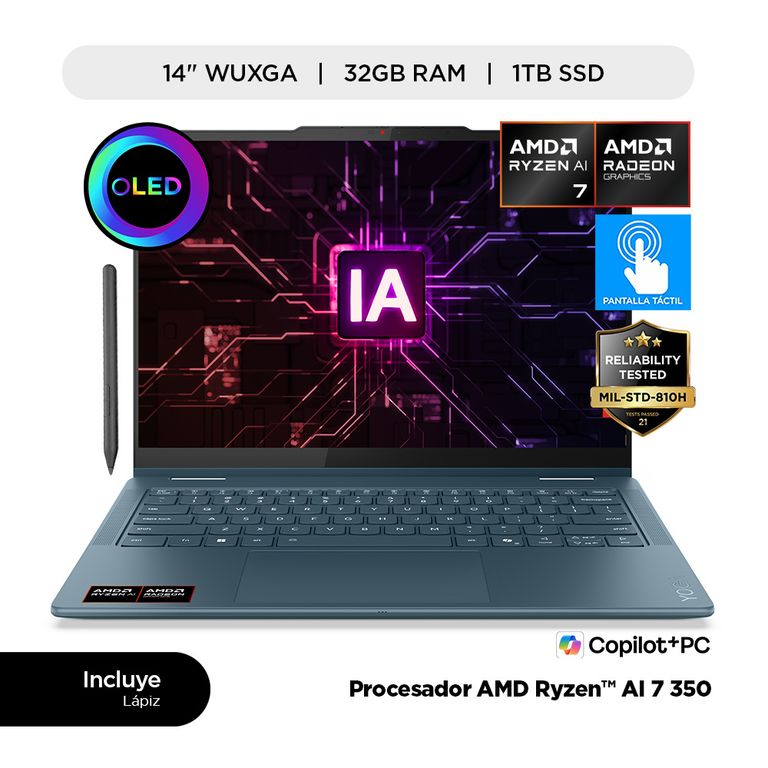 Laptop IA Lenovo Yoga 7 2 en 1 AMD Ryzen AI 7 350 32GB RAM 1TB SSD 14" OLED WUXGA táctil