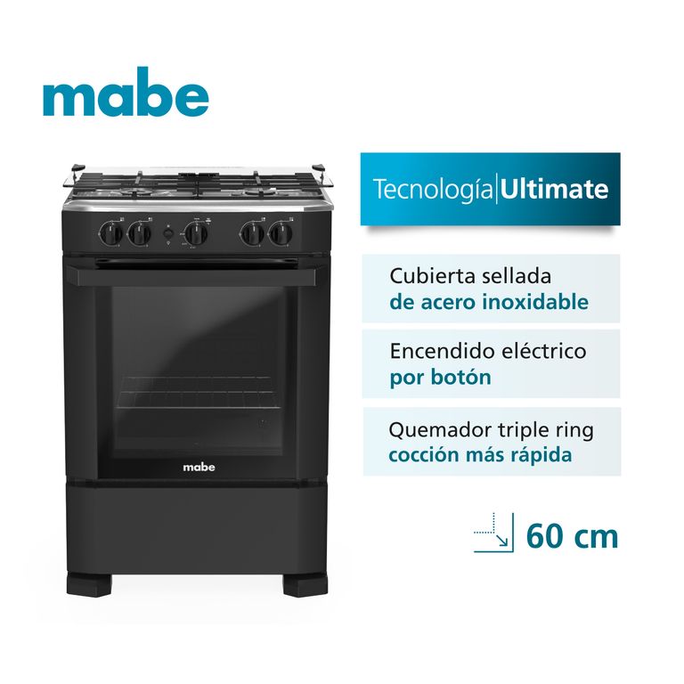 Cocina a Gas 60cm 4 quemadores Negro Mabe CMP6040FN0